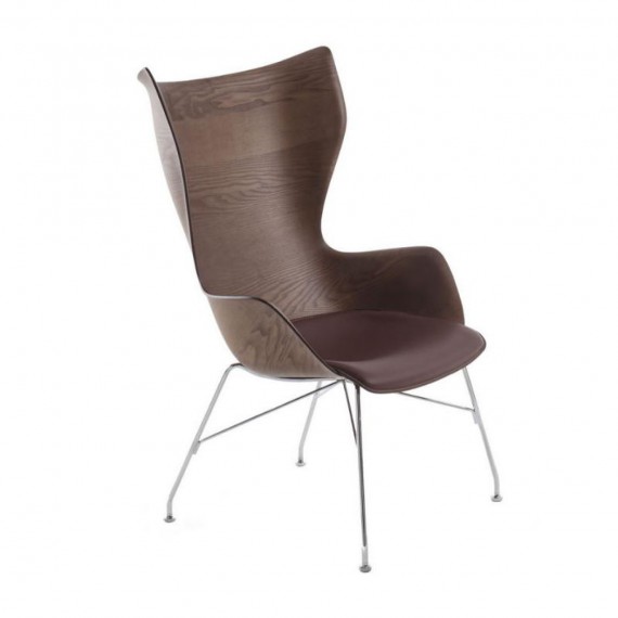 Kartell K/WOOD CUIR Frêne foncé pieds chromés 